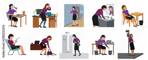 Bild auf Leinwand Businesswoman experiencing morning sickness, nausea, and exhaustion at work, flat vector illustration set showing symptoms like dizziness, vomiting, and leaving the office for health