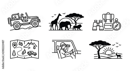 Photography Safari Vehicle Illustrations Linear Vector Art With African Wildlife Scenes