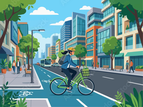 Woman commuting on bicycle in city bike lane vector illustration