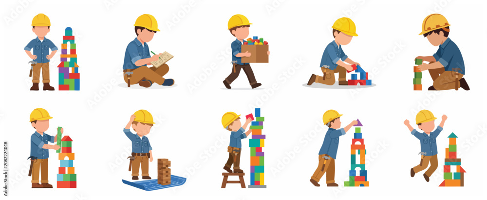 Fototapeta premium Cute little boy character in construction worker outfit playing with building blocks illustration set