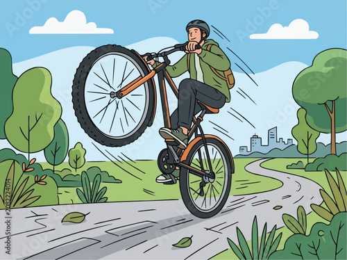 Man riding bicycle on park path performing a wheelie trick vector