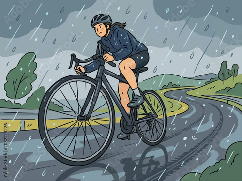 Cyclist riding bicycle on wet asphalt road during rain in countryside