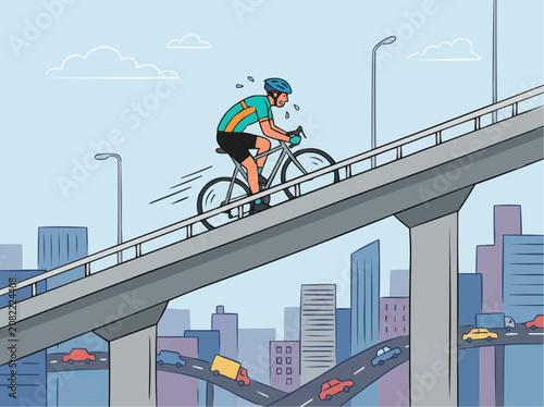 Cyclist riding bicycle up steep highway bridge over city skyline