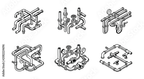Foto Pipe fittings vector illustration with flanges and valves on white background