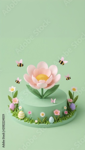 Easter cake decorated with a large pink flower and bees on a green background.