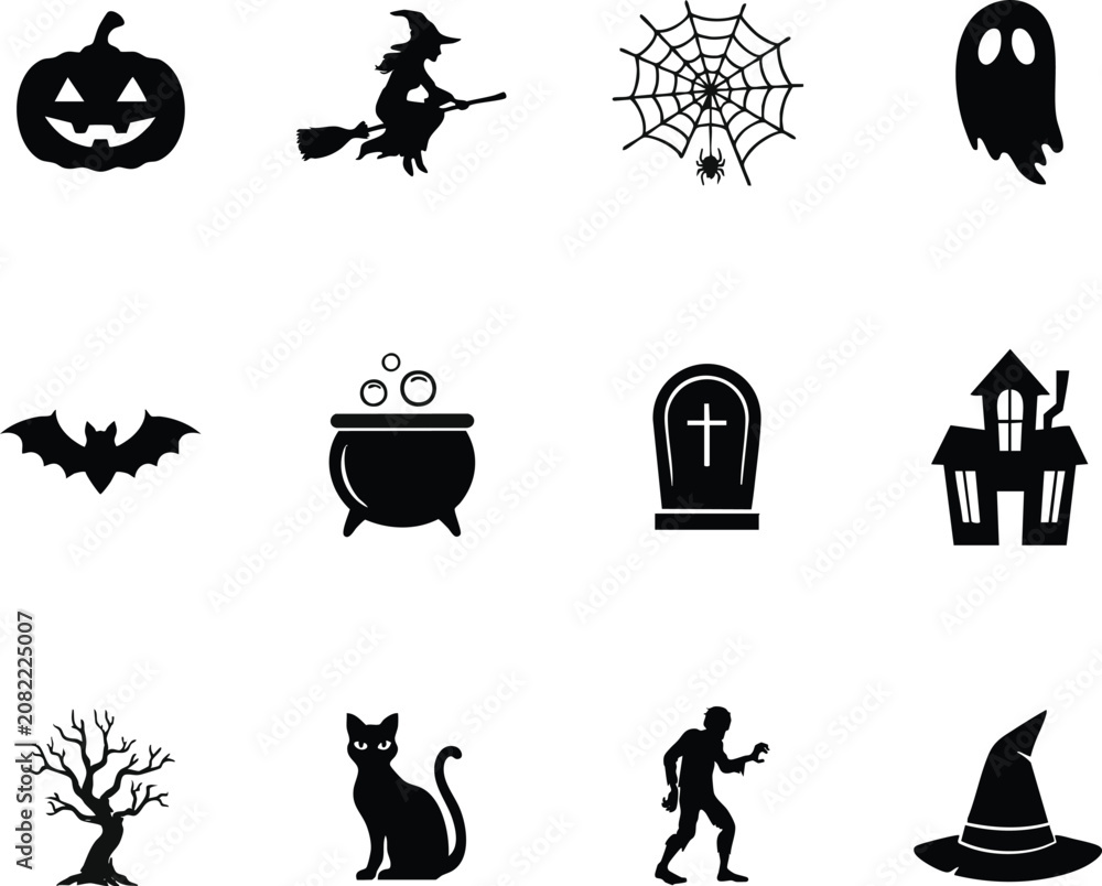 Fototapeta premium Halloween icon set jack o' lantern witch ghost and spooky elements