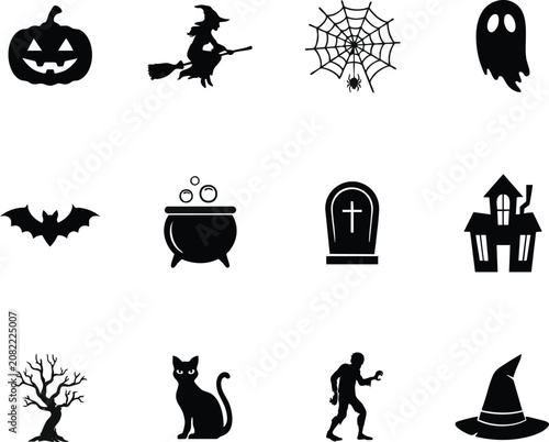 Halloween icon set jack o' lantern witch ghost and spooky elements