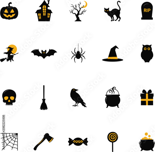 Halloween icons and symbols in black and orange