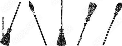 Black and white illustration of various broom designs