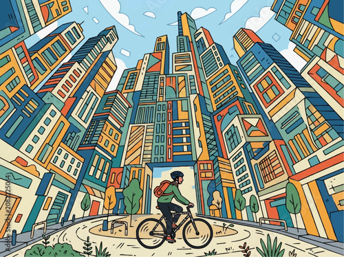 Cyclist riding a bicycle through a stylized low angle cityscape