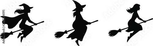 Three black silhouette witches flying on broomsticks