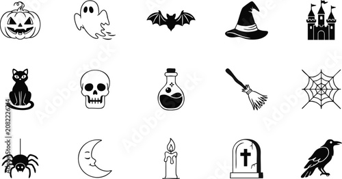 Halloween icons set including spooky symbols and creatures