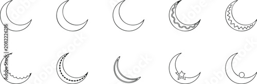 Collection of minimalist crescent moon line art designs and icons