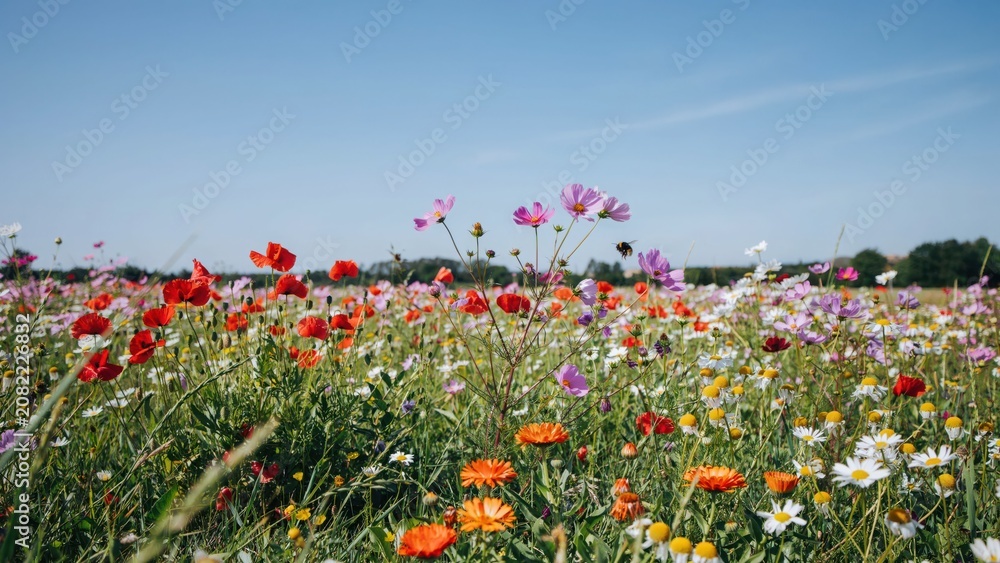 Fototapeta premium Vibrant wildflower meadow with colorful cosmos flowers poppies and daisies under bright blue sky during sunny summer day.