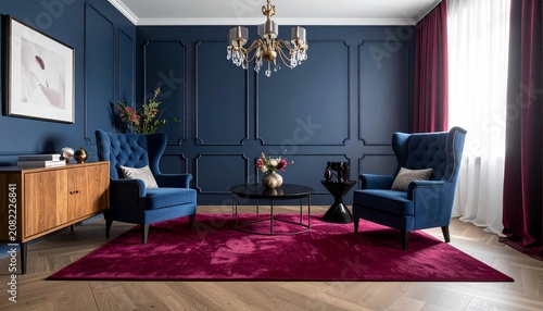 Modern Luxury Living Room Interior with Blue Velvet Sofa and Gold Pendant Lamp