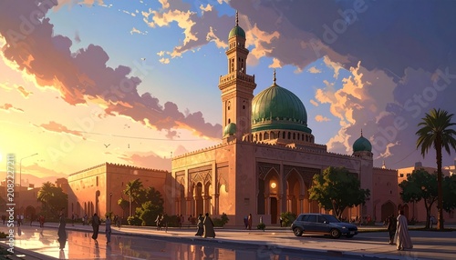 Beautiful Digital Painting of a Mosque with Green Dome at Sunset