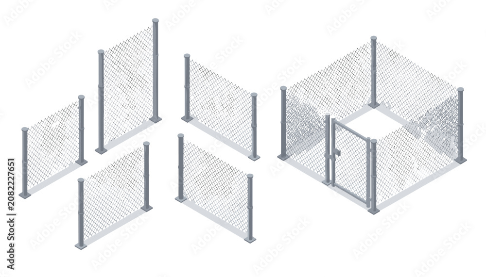 Fototapeta premium Industrial metal chain-link fence panels and a enclosed cage structure with a latch gate shown in isometric view.