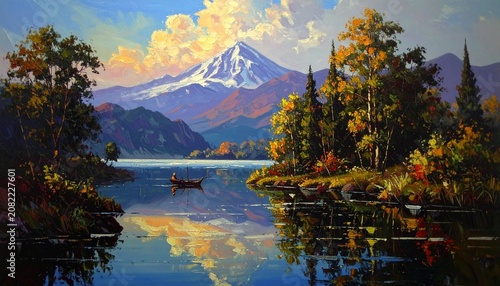 Scenery Oil Painting of Mountain Lake Reflection with Snow Peak and Autumn Trees