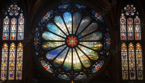 Magnificent Gothic Rose Window in Cathedral with Intricate Stained Glass Panels