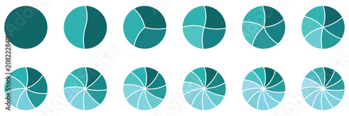 Circle pie chart. Pie chart color icons. 2,3,4,5,6,7,8,9,10,11,12 sections or steps. 
Circle pie chart diagram. Circle division infographic icon set. Loading bar set diagram. Vector illustration