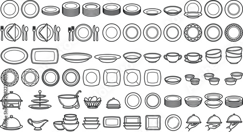 Obraz na płótnie Ceramic plates and kitchen dinnerware line icon set with porcelain bowls food cl