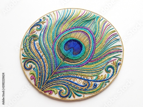 Ornate peacock feather embroidery design art isolated on white background
