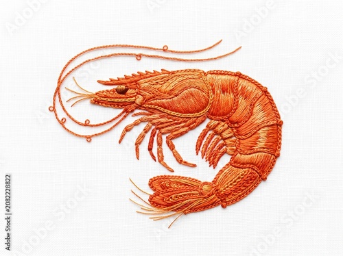 Detailed orange shrimp embroidered artwork isolated on white fabric background

