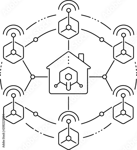 Smart Home Wireless Mesh Network Minimal Outline Vector Illustration