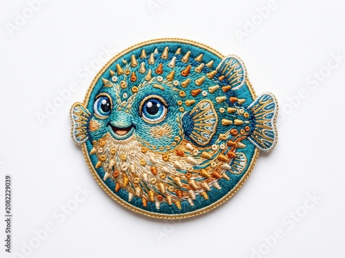 Cute pufferfish embroidered round patch artwork isolated on white background
