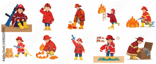 Obraz na plátně Cute Little Boy in Firefighter Costume Illustration Set, Kids Dream Job and Role