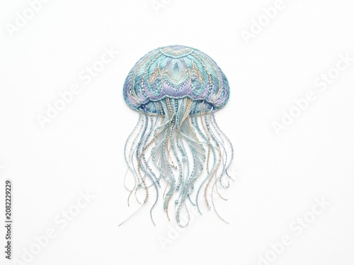 Elegant jellyfish embroidered artwork with detailed tentacles isolated on white background
