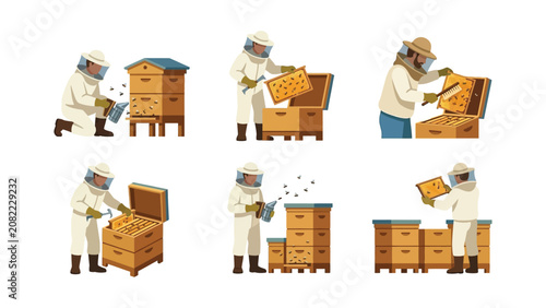 Quadro su tela Beekeeper Working with Beehives and Honeycomb Collection - Set of Illustrations