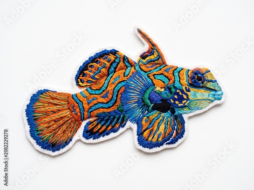 Vibrant mandarinfish embroidered patch artwork isolated on white background

