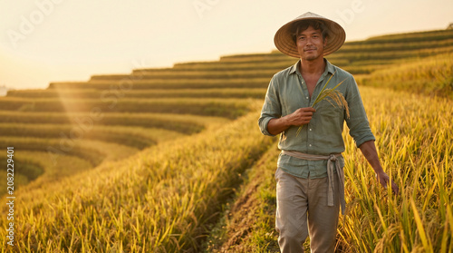 Japanese man harvesting rice in paddy field during sunset