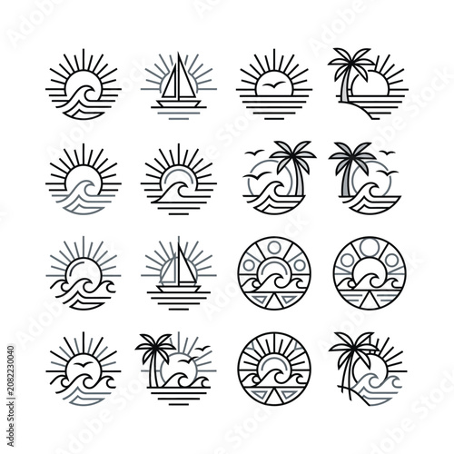 Summer Beach Icons: Sun, Waves, Sailboat, Palm Trees - Vector Set