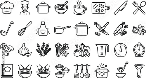 Photos Kitchen utensils and vegetable cutting linear icons collection with pots pans mi