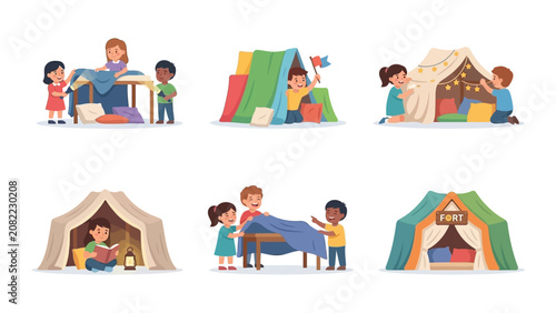 Children Building and Playing in Homemade Forts and Tents