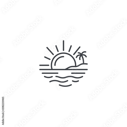 Minimalist Sunset Beach Icon: Sun, Ocean Waves, Palm Tree - Vector Art