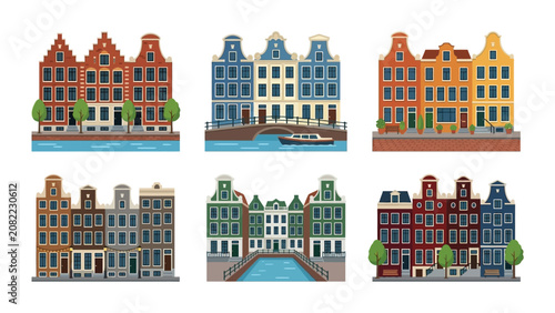 Charming Dutch Canal Houses Collection: Amsterdam Architecture Vector Art