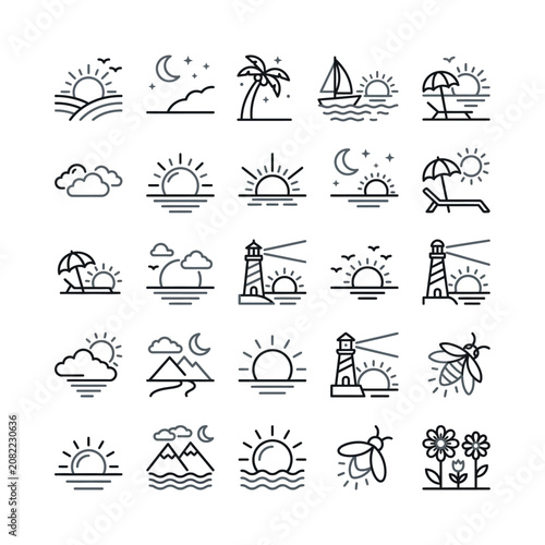 Summer Vacation Icons: Sun, Beach, Lighthouse, Palm Tree, Mountains, Clouds, Bee
