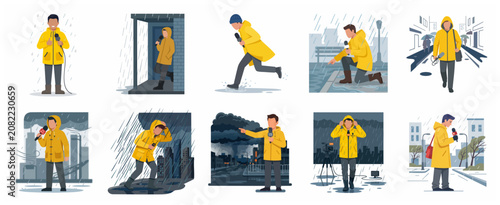 Set of vector illustrations depicting news reporters and journalists reporting live during heavy rain, storms, and floods in yellow raincoats.