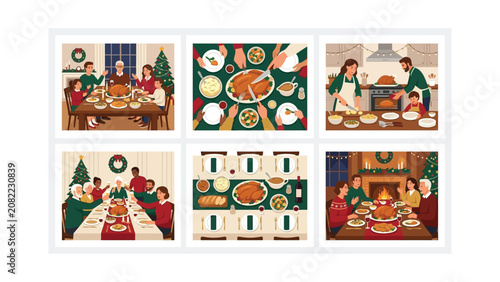 Family Holiday Feast Celebration - Thanksgiving or Christmas Dinner Table Scene