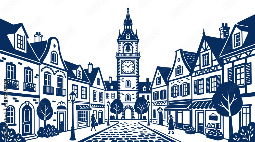Fototapeta premium Charming European Town Square with Clock Tower and Traditional Buildings