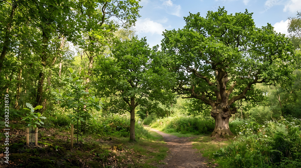 Fototapeta premium Dirt path through a lush forest with large trees, greenery, and a blue sky foliage
