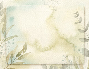 Watercolor Art Frame Background with Sage Green Botanical Leaves and Baby Breath on Cream Paper