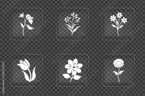 Set Of White Floral Icons On Transparent Background
