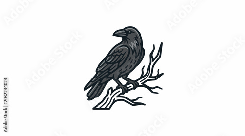 Obraz na plátně A crow perches on a twisted branch, viewed from the side, showcasing its feathers and sharp beak in a graphic illustration