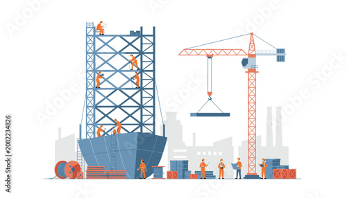 Shipyard construction site with professional workers building a large cargo ship using a crane and scaffolding.