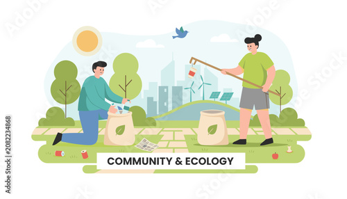Active volunteers cleaning a city park by picking up litter and recyclables to protect the environment.
