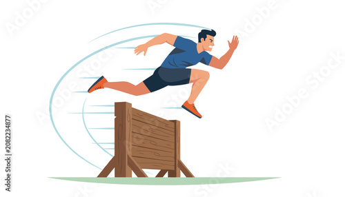 Athletic male runner leaping over a wooden hurdle during a track and field training or competition session.